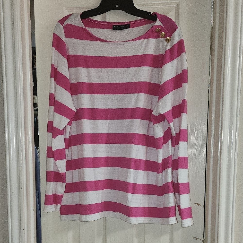 Lane Bryant Pink and White Striped Long Sleeve Tee